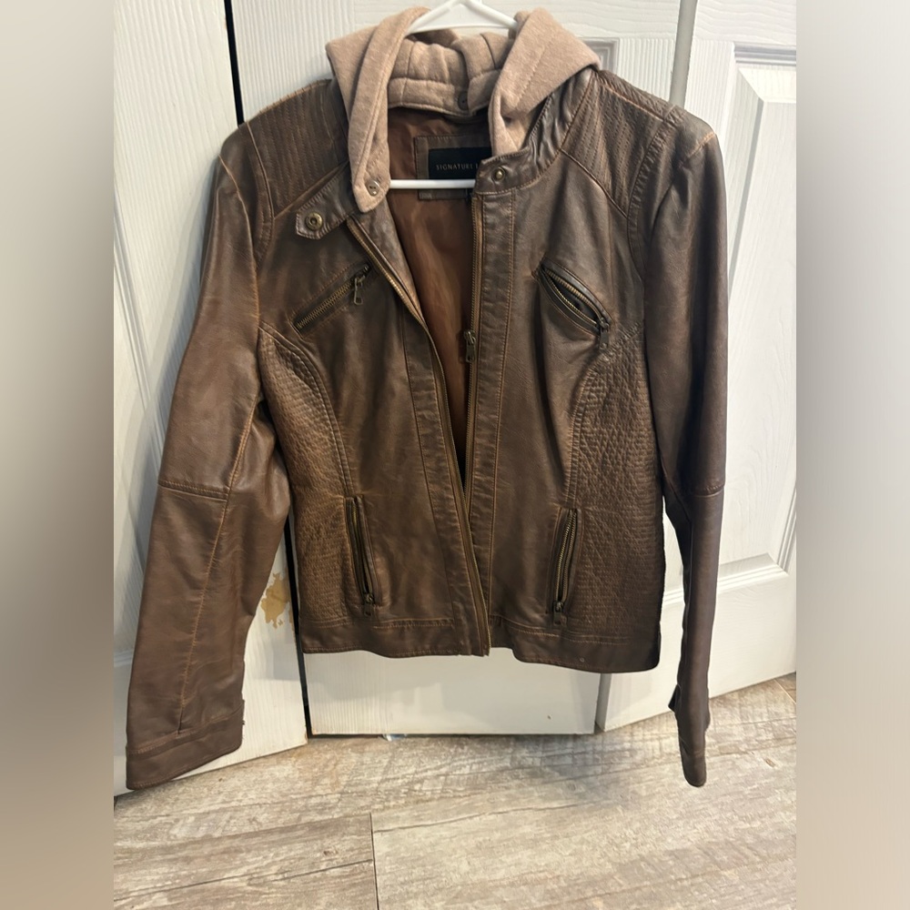 Brown leather jacket with fabric hood
